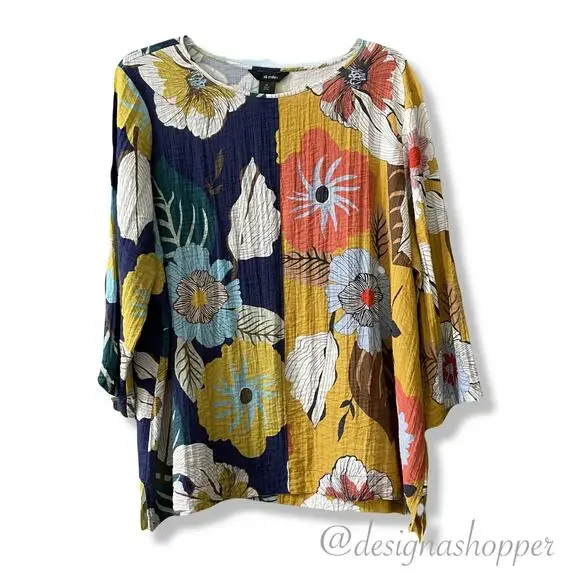 Ali Miles Artsy BOHO Cool and Comfortable Blocked Floral Tunic Top 2X - Picture 2 of 6